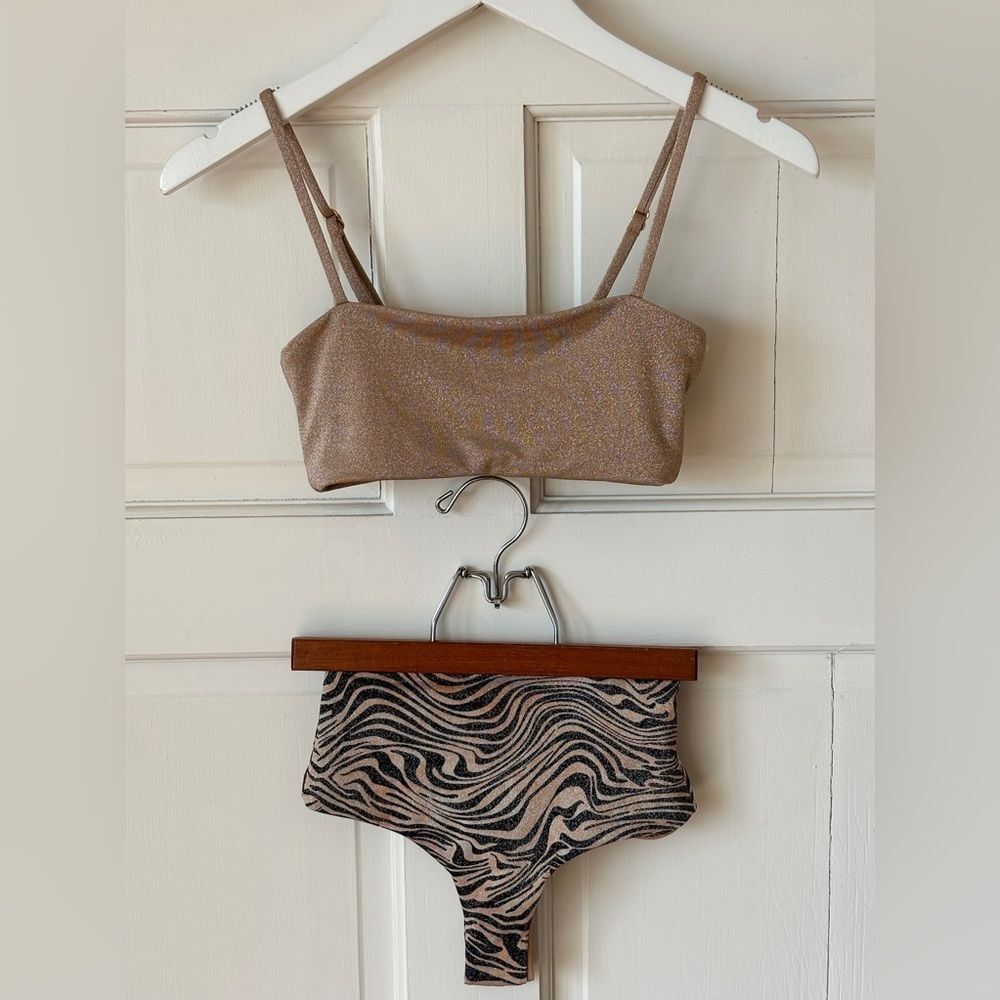 New l*space shimmer rebel Portia zebra itsy bikini set black tan